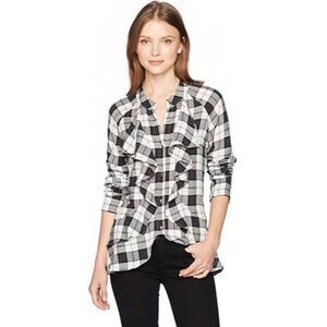 nicole miller artelier black ruffle long sleeve plaid buttonup top blouse small